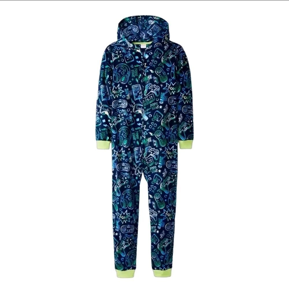 Cat & Jack Boys' Gamer 'Game On' One Piece Hooded Pajama Fleece Sleeper Med 8/10